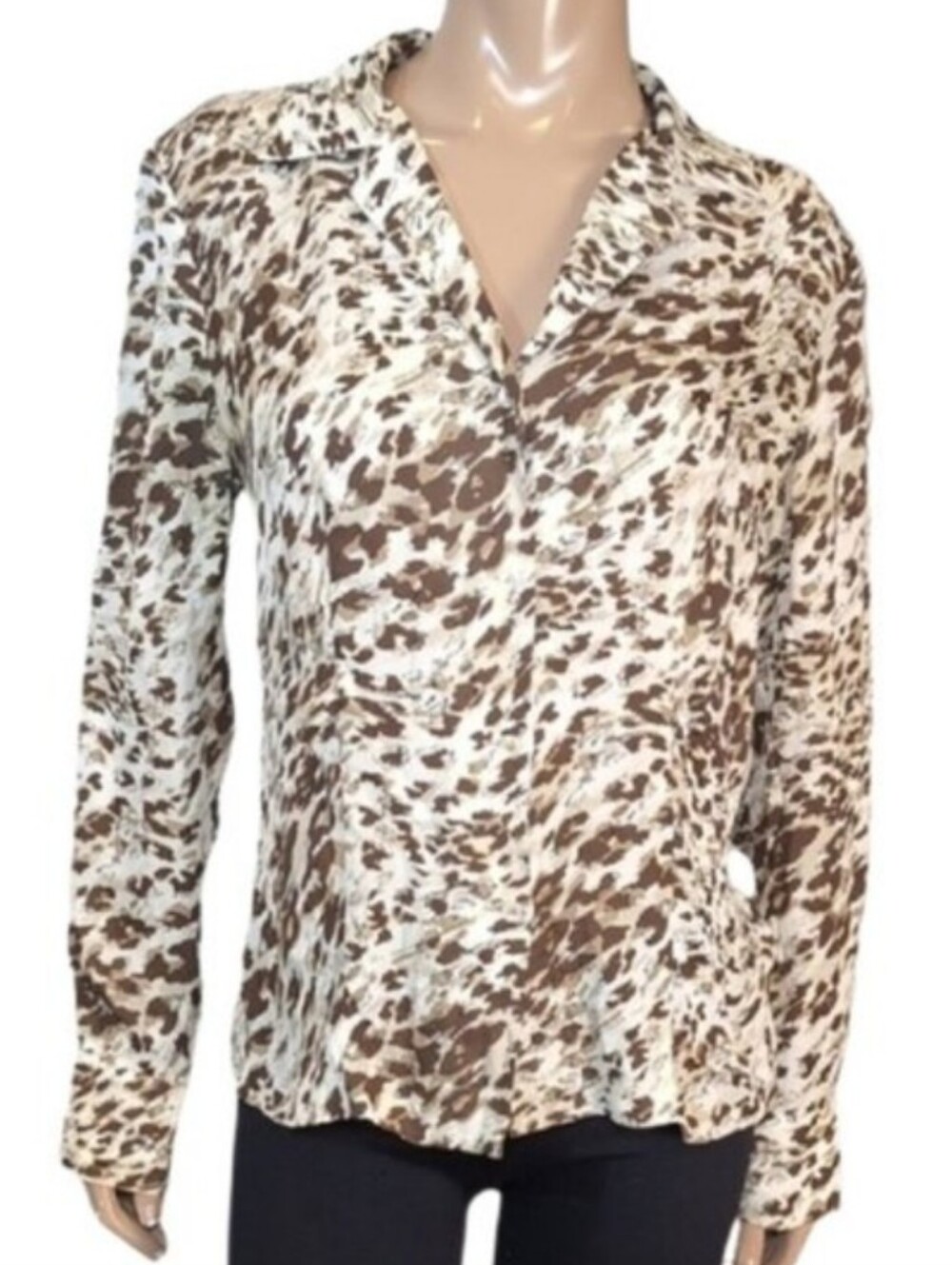 Liz Claiborne 100% Silk Blouse Abstract Animal Print Brown Tan Womens Size 10